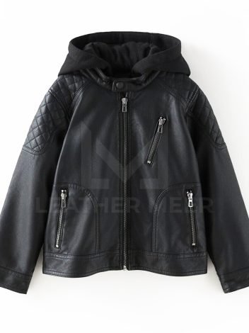 KIDS BOY REMOVABLE HOOD BLACK  REAL LEATHER JACKET