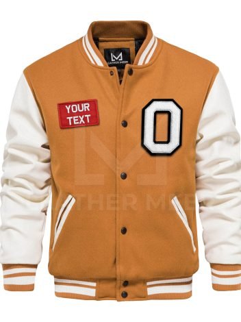 Unique & Stylish Orange-White Varsity Jacket with Wool Body and Leather Arms