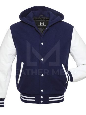 Navy Blue-White Varsity Jacket: Unique Wool Body and Leather Arms Design