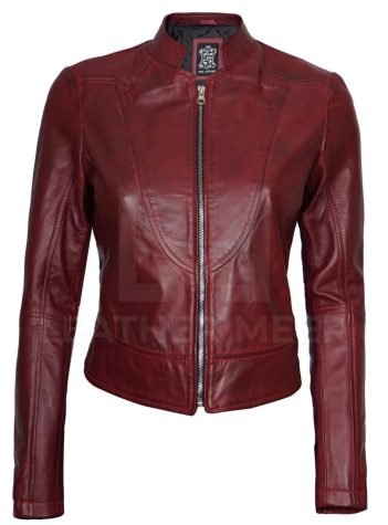 Women's Maroon Cafe Racer Leather Jacket