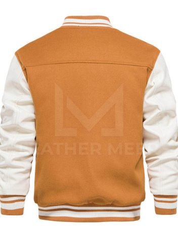 Unique & Stylish Orange-White Varsity Jacket with Wool Body and Leather Arms