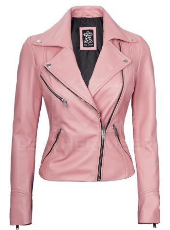 Women Moto Style Real Leather Pink Jacket