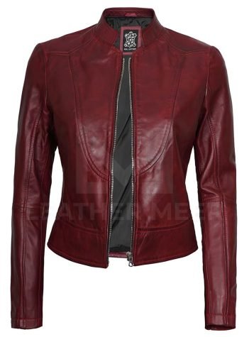 Women's Maroon Cafe Racer Leather Jacket