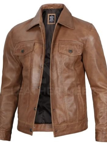 Stylish Camel Brown Trucker Leather Jacket for Men