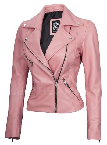 Women Moto Style Real Leather Pink Jacket